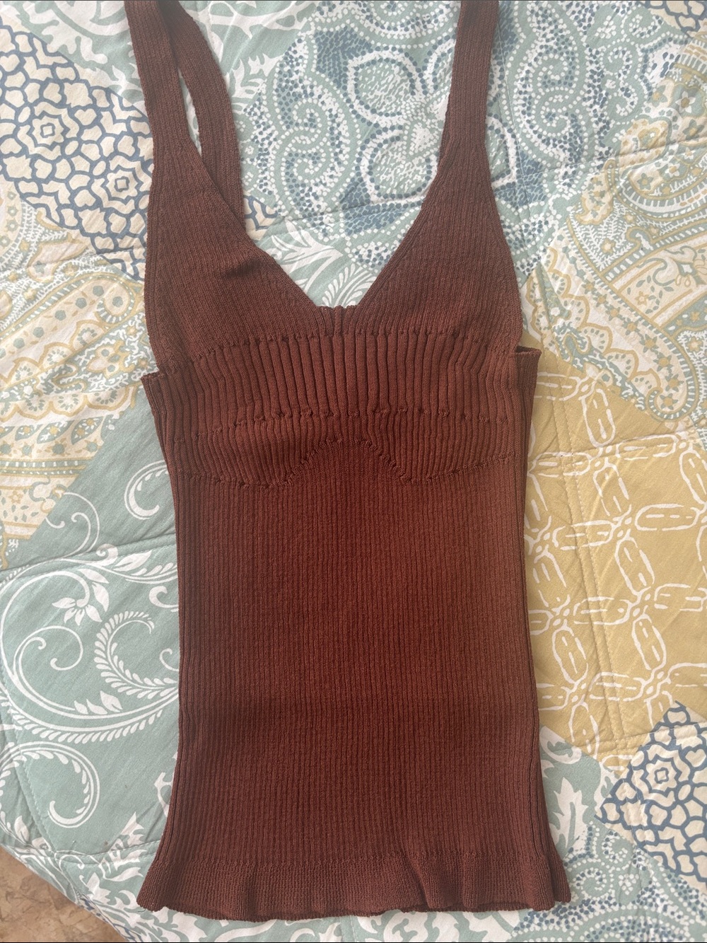 AERON Brown Ribbed V-Neck Tank Top